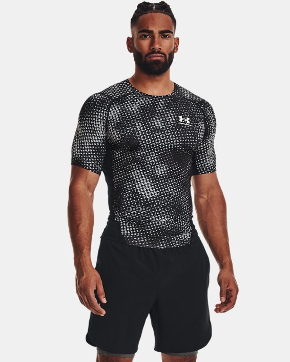 Men' HeatGear® Compression Printed Short Sleeve, Black, pdpMainDesktop image number 0